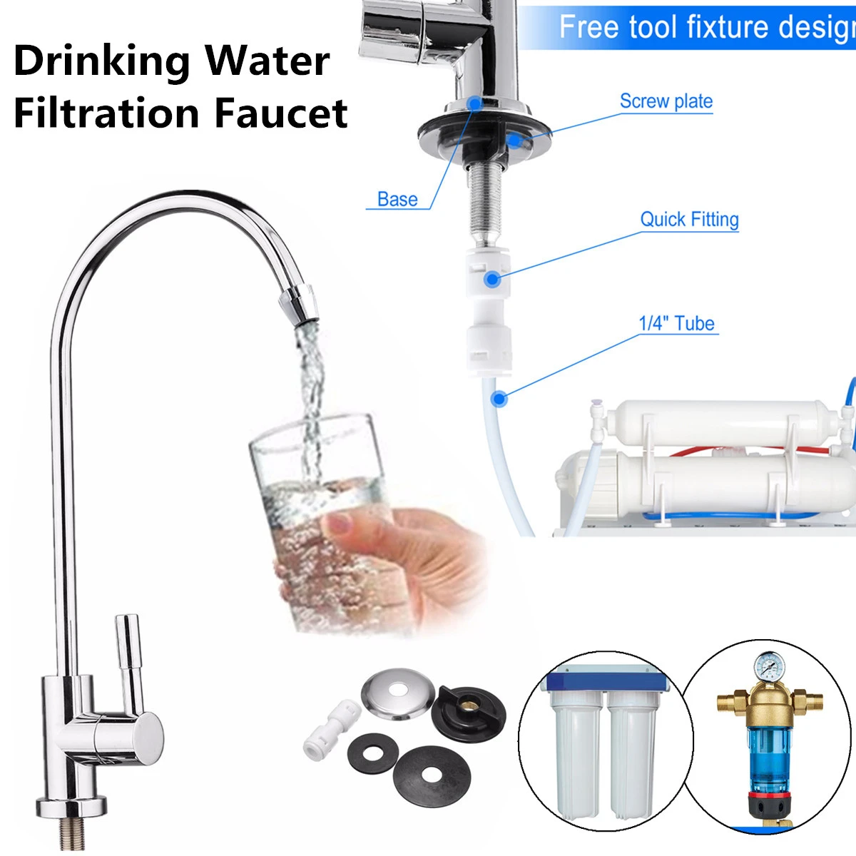Kitchen Water Filter Faucet Chrome Plated 1/4 Inch Connect Hose Reverse
