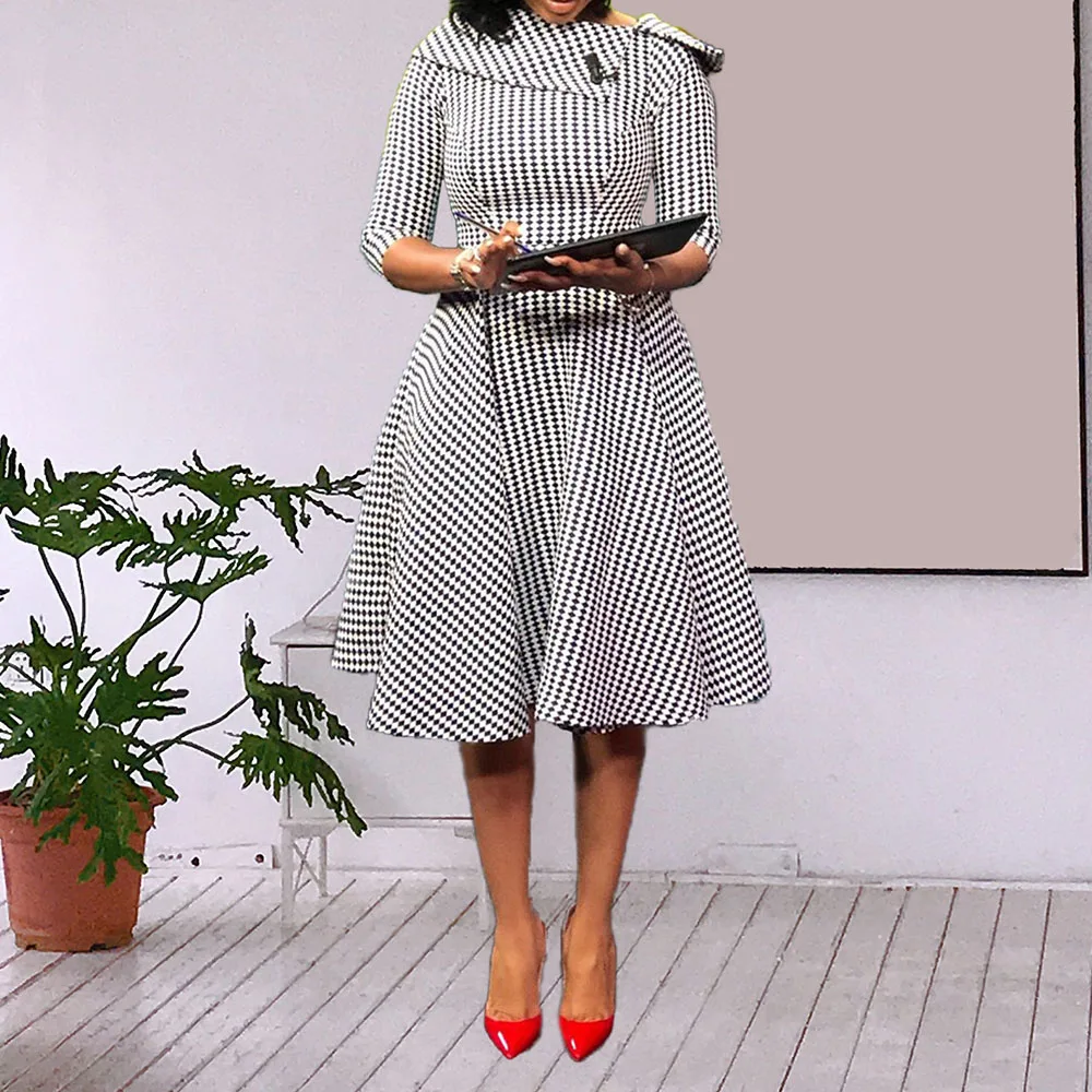 

African Fashion Vintage Dot Print Dress Women Elegant Retro Prom Party Dress A Line Office Lady Formal Business Midi Dress