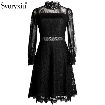 

Svoryxiu Sexy Lace Embroidery Black Dress Women's Fashion Long Sleeve Beaded Stand Collar High Waist Party Dresses Vestdios