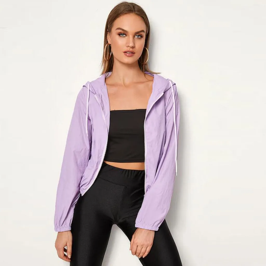 

Cut And Sew Zip Up Hooded Jacket 2019 Spring Autumn Streetwear Women Coats And Jackets Young Pupple Drawstring Women Jacket#J30
