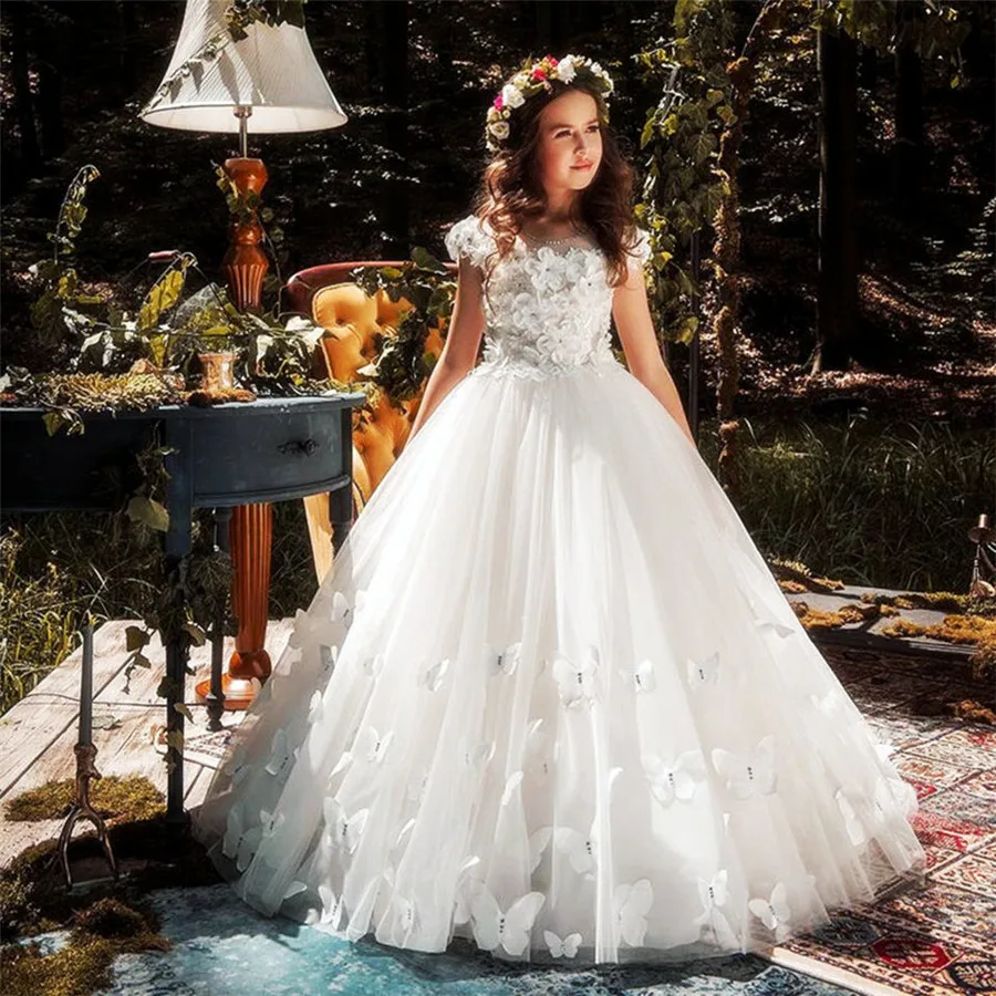 Flower Girl Dresses Fluffy Tulle Beading Butterfly Applique Pageant Party Gown For Girls First Holy Communion Prom | Свадьбы и