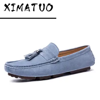 

Luxury Brand Fashion Soft Moccasins Men Loafers High Quality Genuine Leather Shoes Mens Flats Suede Driving Shoes Blue