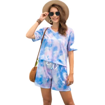 

Tie-dye Print Home Clothes Women Summer 2020 Hotsale V-Neck Loose Casual Short Tshirts+Shorts Two Piece Suit Pajama Sets S-2XL