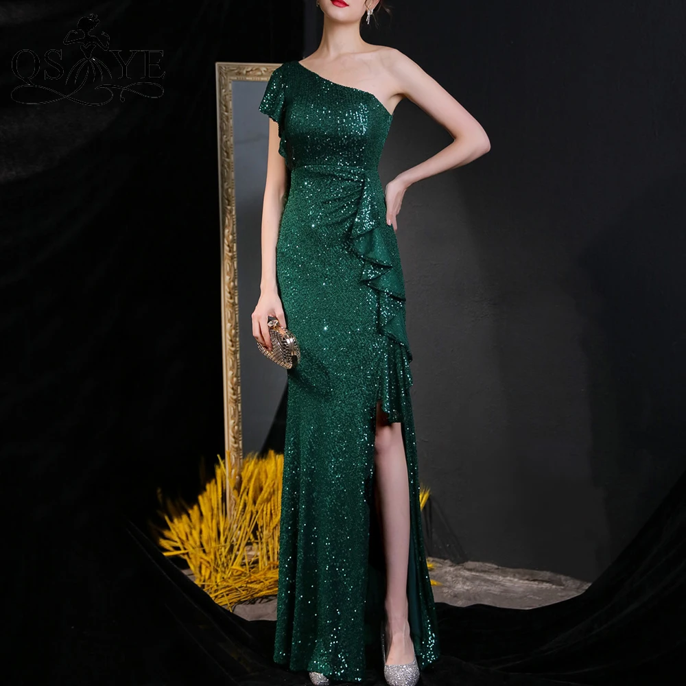 

One Shoulder Green Prom Dresses 2021Ruffles Sequin Sheath Evening Gown Short Sleeves Sexy Split Sequin Emerald Formal Party Gown