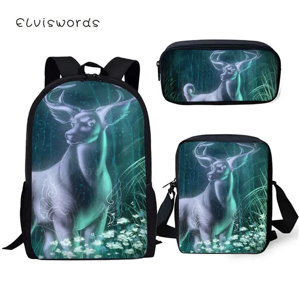 CDWX3877CEK ELVISWORDS комплект из 3 предметов, детский школьный рюкзак, художественный Фэнтези, олень, школьные сумки, Kawaii, животные, студенческий рюкзак/мешок с закрылками/пеналы для ручек - Цвет: CDWX3877CEK