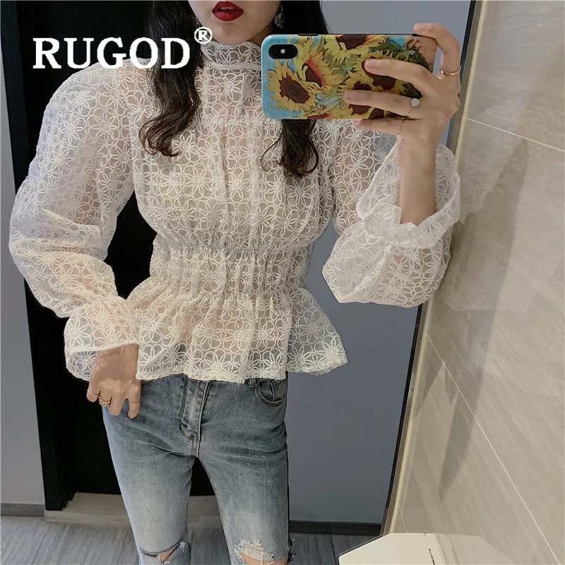 RUGOD, Весенняя кружевная блузка, женские блузки с длинным рукавом, элегантная Прозрачная сетка, сексуальный топ, корейская мода, одежда с пышными рукавами, рубашка