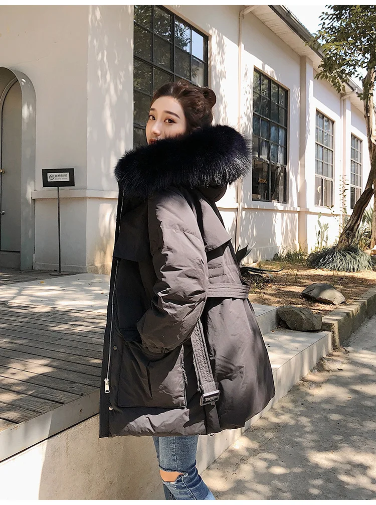 New Style Korean-style White Duck Down Jacket Women's Short-height Workwear Coat Genuine Fur Collar Income Belt Slimming