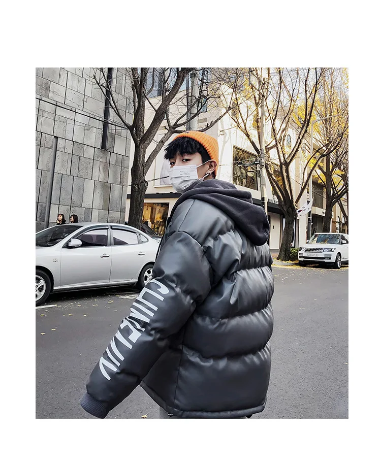 Intfeday 18 Winter Hot Sales Thick PU Leather Jacket Men's Korean-style INS Fashion Man Leather Cotton-padded Clothes Hooded Cot