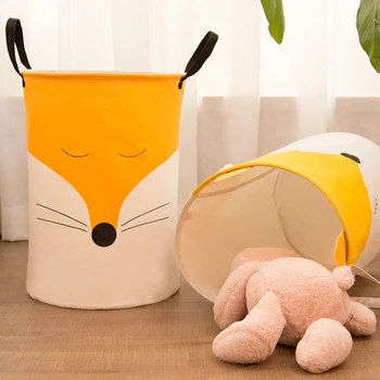 

Cotton Linen Laundry Basket Cartoon Fox Canvas Collapsible Toy Clothing Large Storage Bin Bathroom Waterproof Sundries Organizer