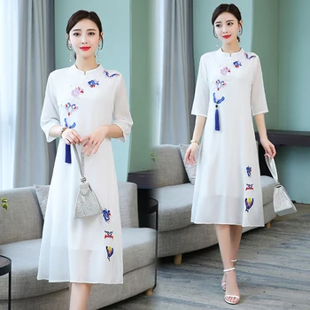 

2020 Chinese Style Improved Cheongsam Women Embroidery Retro Long Dress Blue White Plus Size Ladies Dresses