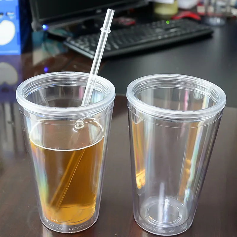 1 шт, 500 мл, чашка для кофе, сока, чая, чашка с двойными стенками, для холодных напитков, многоразовый, для смузи, пластиковый стакан со льдом, кружка для путешествий с соломинкой