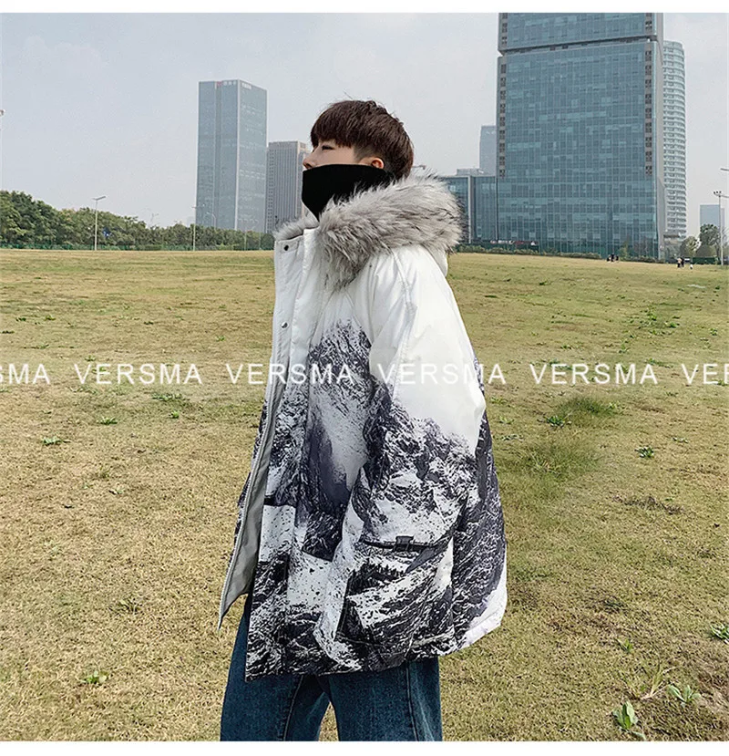 VERSNA Корейская Harajuku куртка с капюшоном и принтом Снежной Горы, пальто, мужские парки, зимняя уличная куртка в стиле хип-хоп с меховым воротником, Мужская ветровка