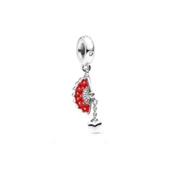 

Classic 100% 925 Sterling Silver Beads Red Fan Dangle Charms fit Original Pan's Bracelets Women DIY Jewelry