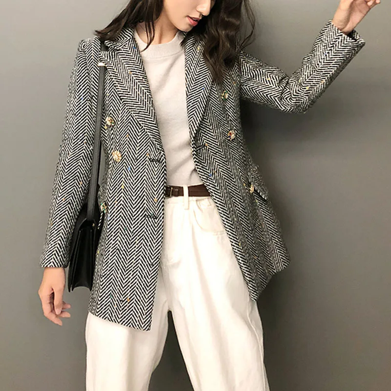 autumn and winter women's suit casual striped double-breasted suit