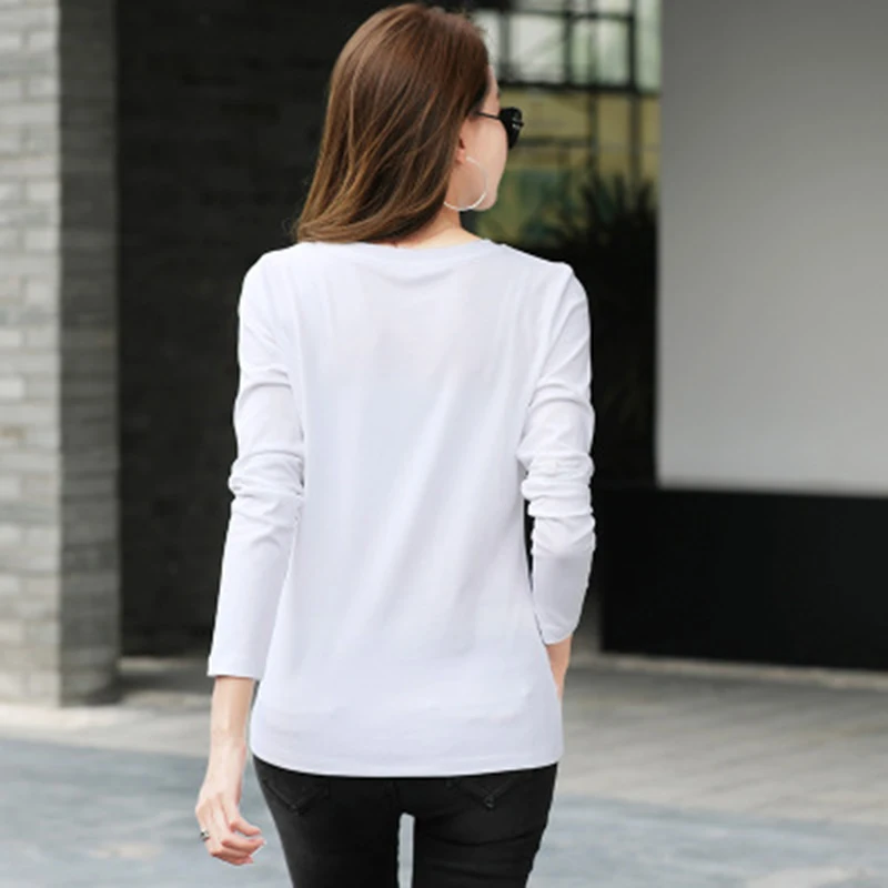GGRIGH/Осенняя футболка с v-образным вырезом для женщин, Camisetas Mujer, хлопковые женские тонкие свитеры с пуговицами, футболка с длинными рукавами, Женская Корейская одежда