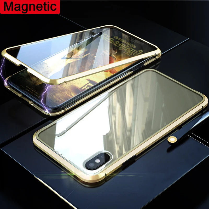 

Metal Magnetic Case for iPhone 7 8 Plus XR Back Cover Tempered Glass Case for iPhone X XS Max 6 6S Soft TPU Frame Magnet Bumper