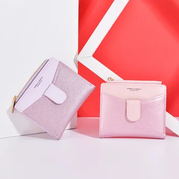 

New Ladies PU Wallet Korean Sequins Contrast Stitching Zipper Hasp Purse Women's Short Style Wallet Womens Wallet