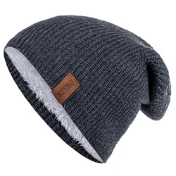 Unisex Fur Lined Winter Knit Beanie Hat - Fashionable Warmth - 56cm-60cm (Black Dark Grey)
