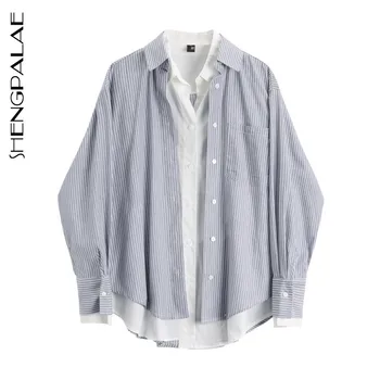 

SHENGPALAE 2020 New Fake Two Stripe Stitching Shirt Female Tops Long Sleeve Casual Turn-down Collar Women's Loose Blouse ZA3267