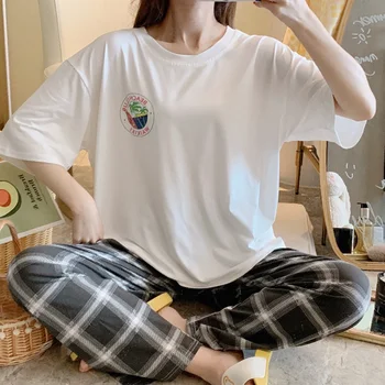 

Pajamas Set For New Summer Pajama Sets Women's Short-Sleeved Plaid Trousers Casual Comfortable Loose Home Wear Pijama Suit