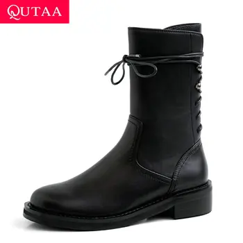 

QUTAA 2020 Cow Leather Middle Heel Comfort Women Shoes Autumn Winter Round Toe Lace Up Zipper Leisure Mid Calf Boots Size 34-39