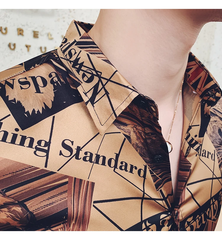 Весна, Camisa Homem, мужская рубашка с цветочным принтом, золотая, с принтом газет, мужская рубашка с длинным рукавом, Camisa Masculina, рубашки, мужская одежда
