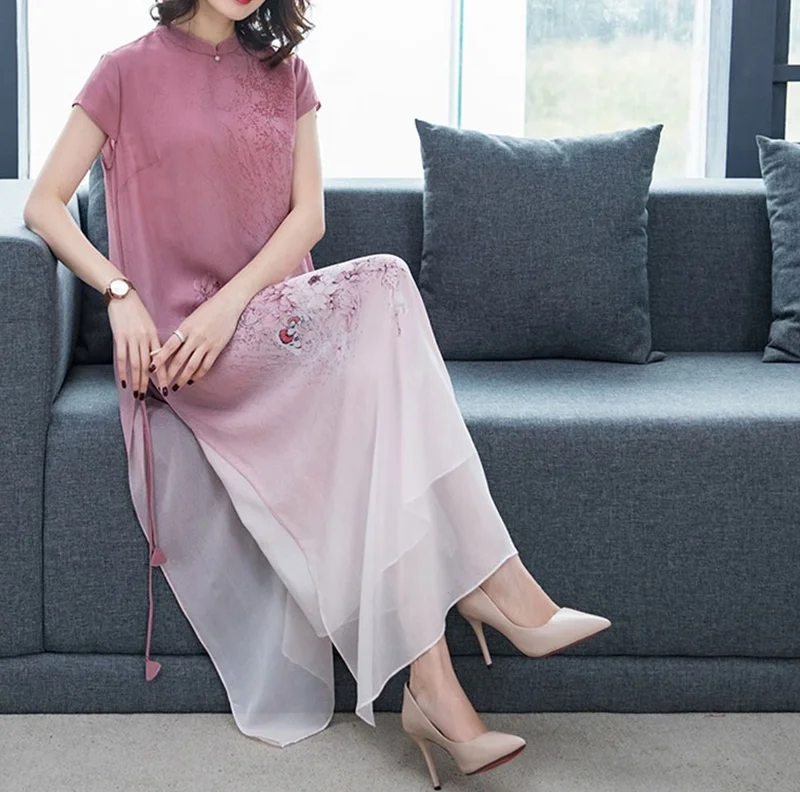 Summer Casual Dresses For Women Chiffon Robe Vintage Femme Mandarin Collar Short Sleeve Long Dress Elegant Vestdio OS033