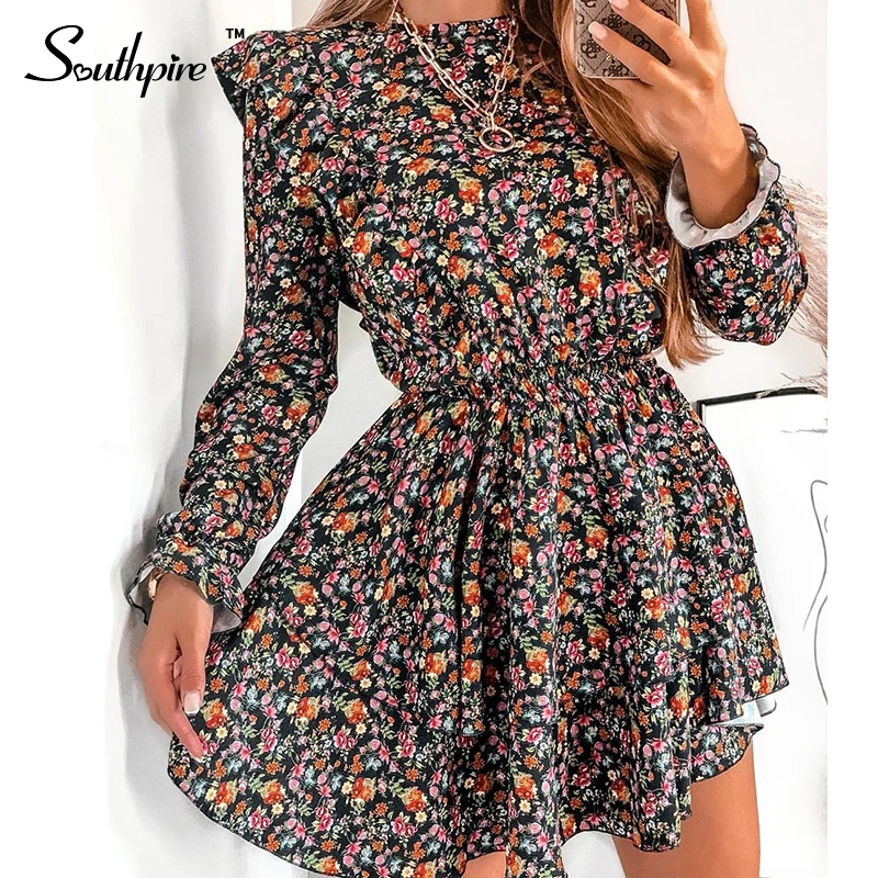 Daily Party-Dress Flower-Print A-Line Long-Sleeve Southpire Ruffle Black Mini Fashion