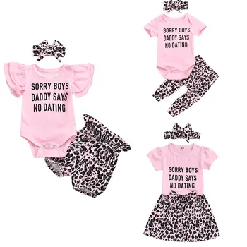 

Summer Baby Girls Ruffles Short Sleeve Letter Print Romper /T-shirts Tops Leopard Print Shorts Pants Skirts 3Pcs Cotton Outfit