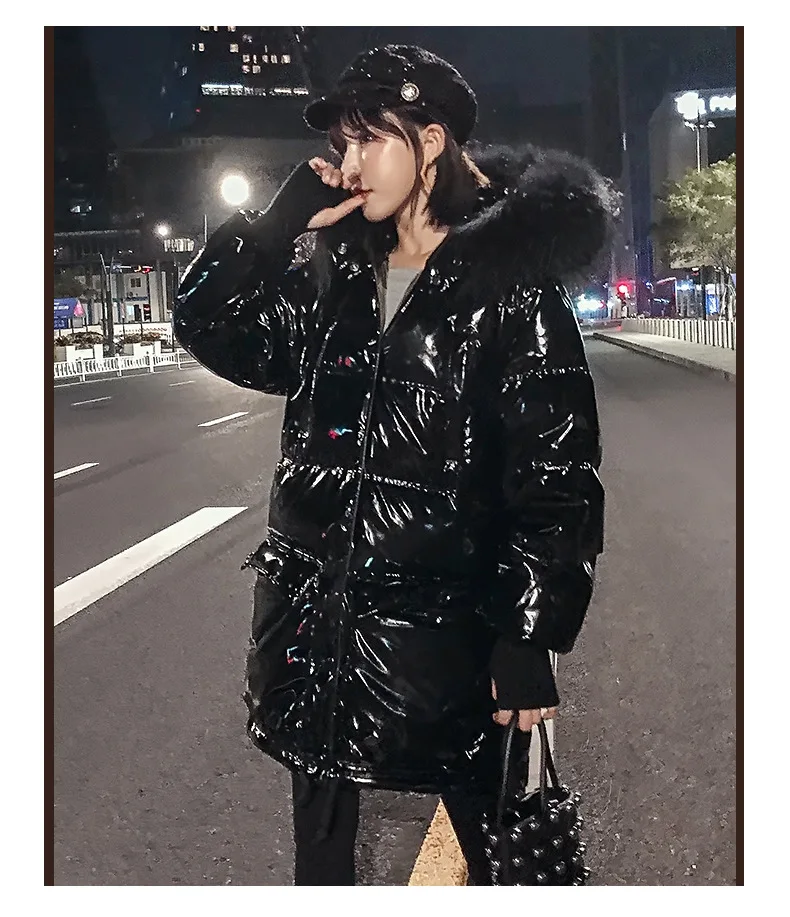 Натуральный мех с капюшоном пуховик пальто женские блестящие длинные черные теплые толстые корейские ветровки белый утиный пух зимние пуховики пальто