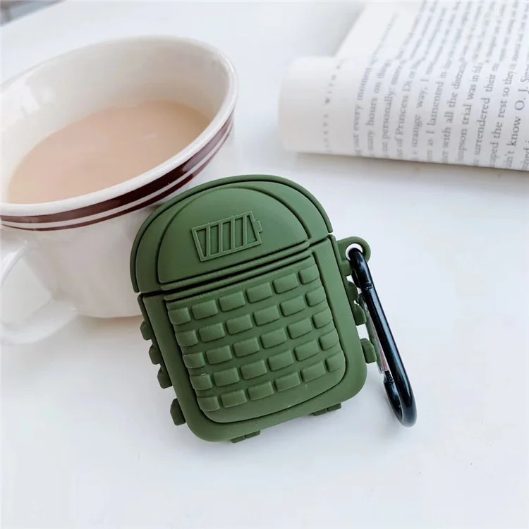 Green Топ PUBG игры милый трехуровневый пакет Bluetooth наушники чехол Беспроводная зарядная коробка Мягкий силиконовый чехол для AirPods с крюком - Цвет: Green