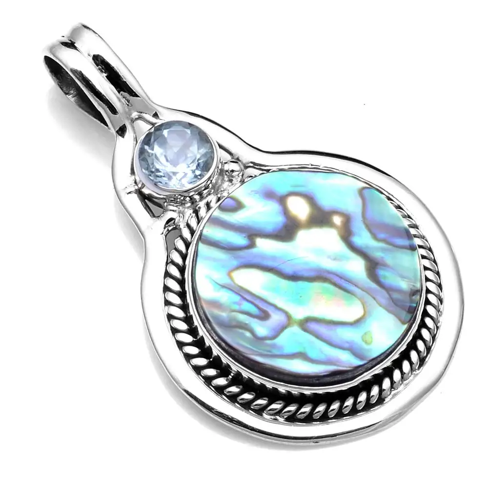 

Genuine Abalone Shell + Blue Topaz Pendant 925 Sterling Silver, 67.7 mm, 2SP0734