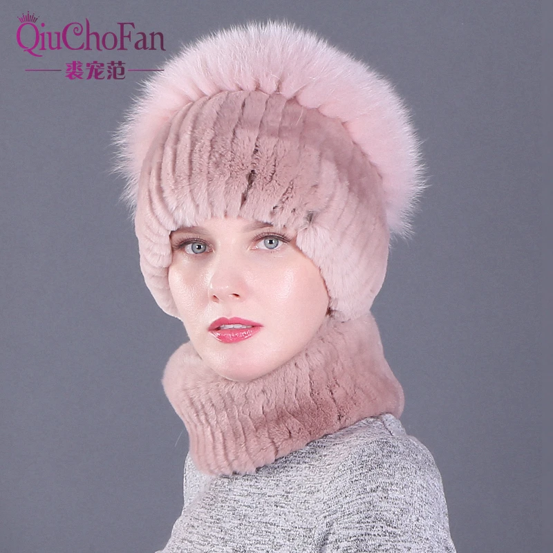 

Real Rex Rabbit Fur Set of Hat and Scarf for Women 2019 New Fashion Winter Real Fox Fur Hair Luxury Brand Hat and Scarf Set