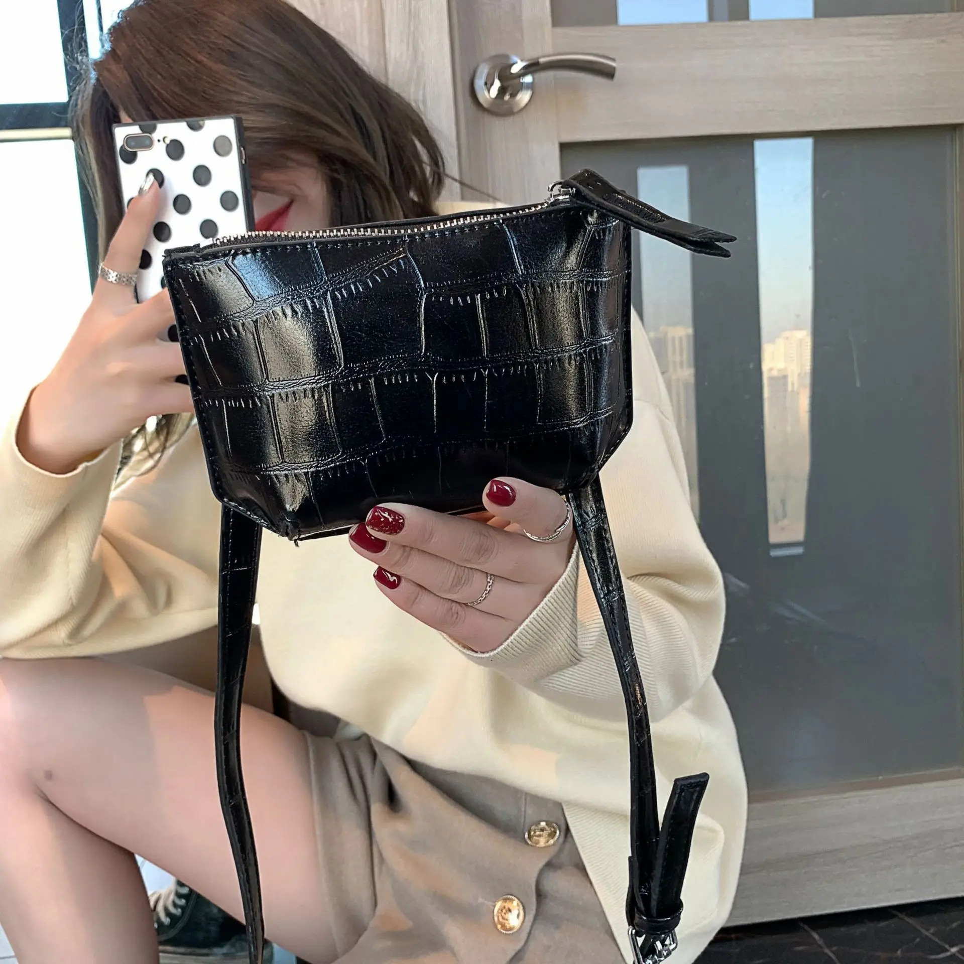 

2019 New Style Crocodile Pattern Edges And Corners Simple Square Sling Bag Embossed Shoulder WOMEN'S Bag