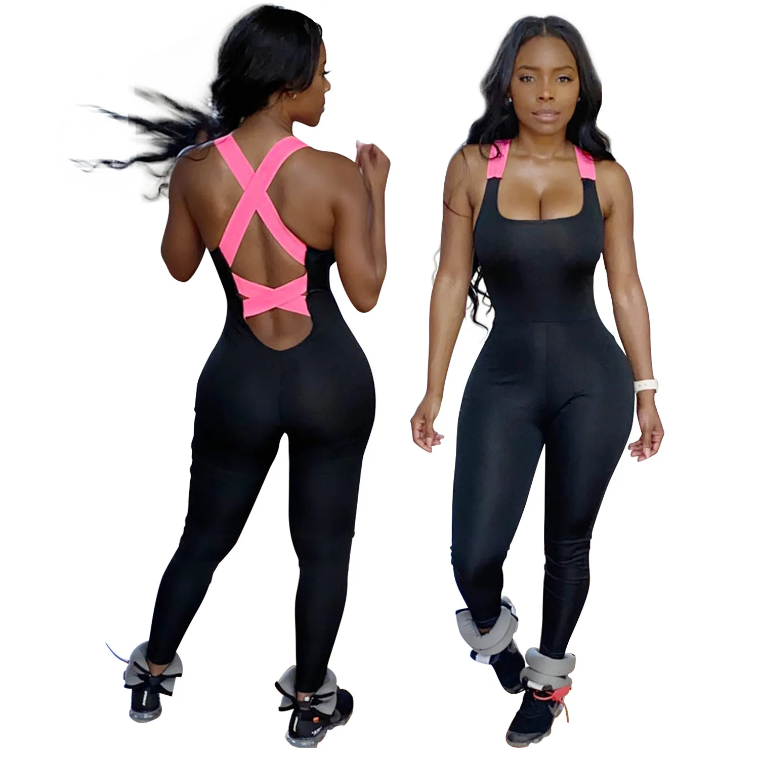 

Back Lace Up Sexy Bodycon Jumpsuit Women High Street Sleeveless Bodysuit Cross Neon Strap Backless Pencil Pant Sports Jumpsuit