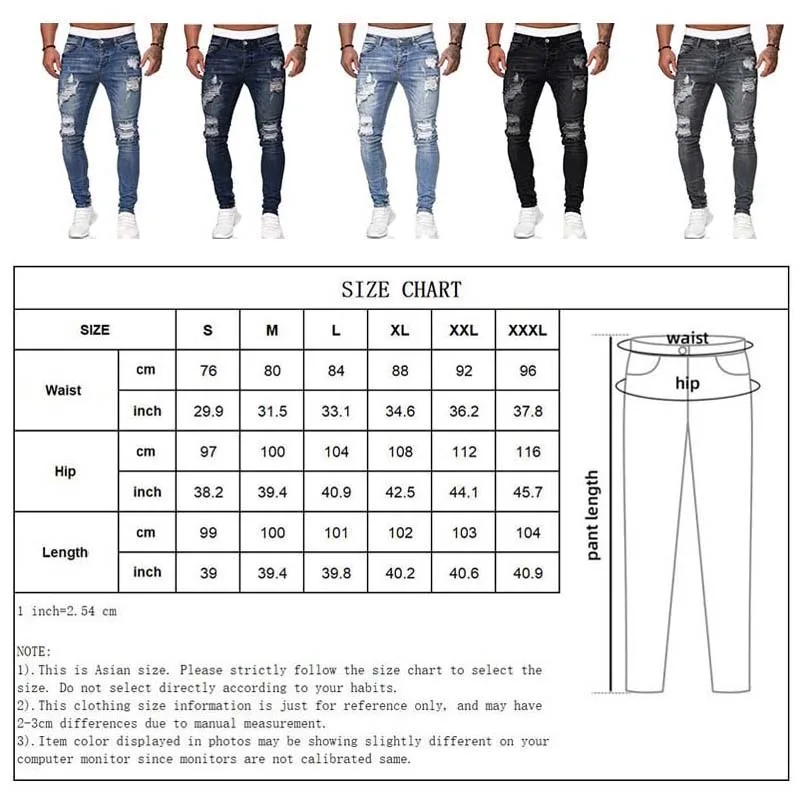 Mens Ripped Skinny Jeans Blue Slim Fit Hole Pencil Pants Casual Biker Trousers Streetwear 2021 High Quality Denim Man Clothing