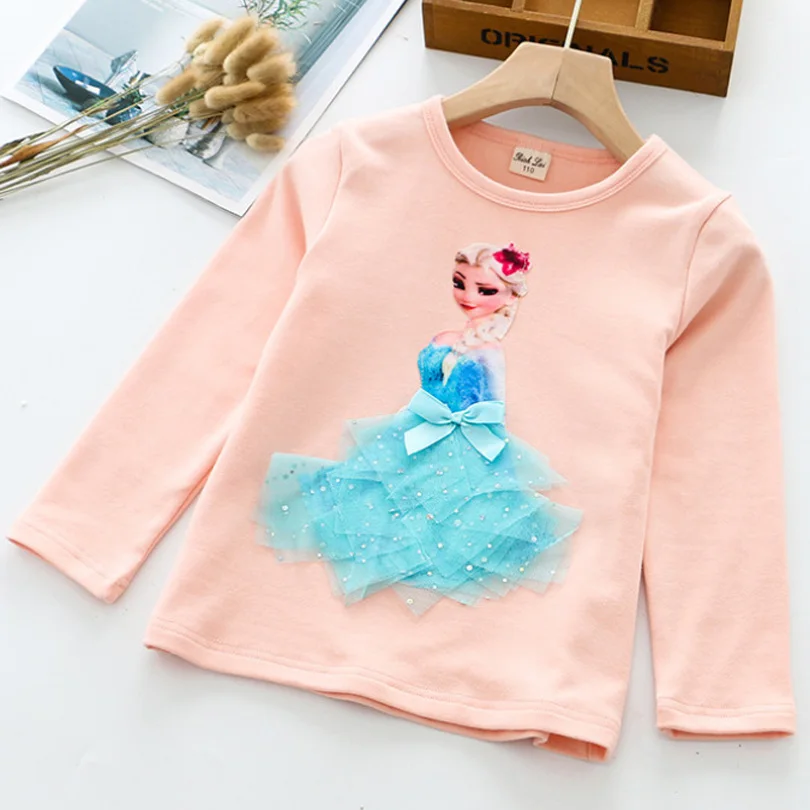 New Autumn Princess Kids Girls T-Shirt Elsa Anna Cotton Tees Mesh T Shirt 3D Tops Cotton Baby Birthday Party Anna Tops Clothing - Цвет: B