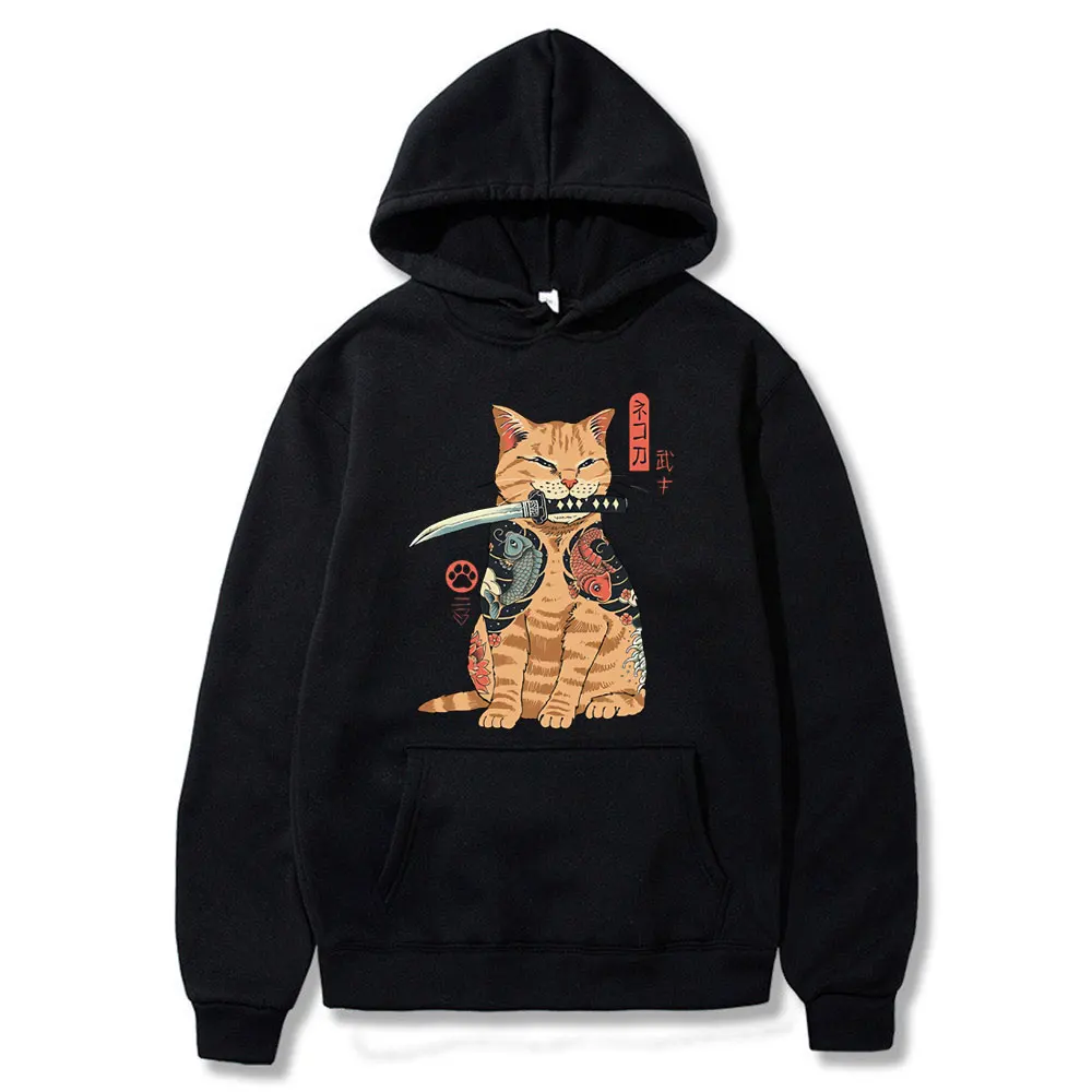 

Japanese Style Cat Anime Samurai Sword Pullover Hoodies Top Men Printed Hoodie Street Winter Warm Hooded Hip Hop Sweatshirt 2020
