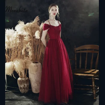 

Wine Red Long Evening Dresses 2020 Elegant Spaghetti Straps Off The Shoulder Luxury Beaded Tulle Women Formal Gown