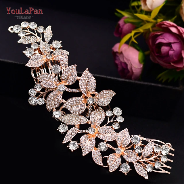 TOPQUEEN HP301 Indian Bridal Hair Accessories Alloy Flower Bridal Crowns and Tiaras Silver Hair Pieces Wedding Hair Jewelry HP301-Rose Gold