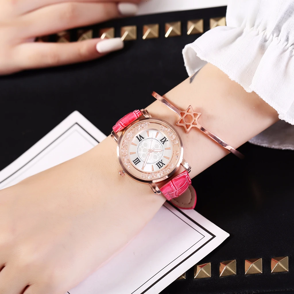 Лидер продаж Модные женские кожаные часы с бриллиантами роскошные женские кварцевые часы Relogio Feminino - Цвет: rose