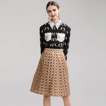 

VERDEJULIAY Vintage Women Twinsets Office Ladies Autumn Spring Black Floral Print Blouse Top+Plaid Print Knee-Length Skirt Sets