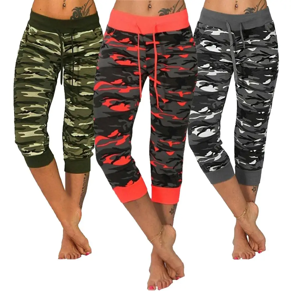 Women Camouflage Drawstring Capri Pants Sports Fitness Skinny Cropped Trousers Plus Size Straight Slim-Fit Trousers