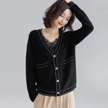 

2019 Autumn and winter new arrival wool v-neck inlaid golden silk loose sweater female hipster knitted cardigan women F1917