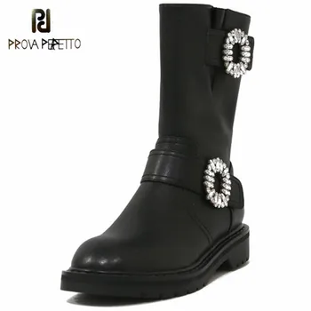 

Prova Perfetto Decorations Buckle Boots Women Petal Decoration Round Toe Mid Heel Square Heel Tenis Feminino Punk Short Boots