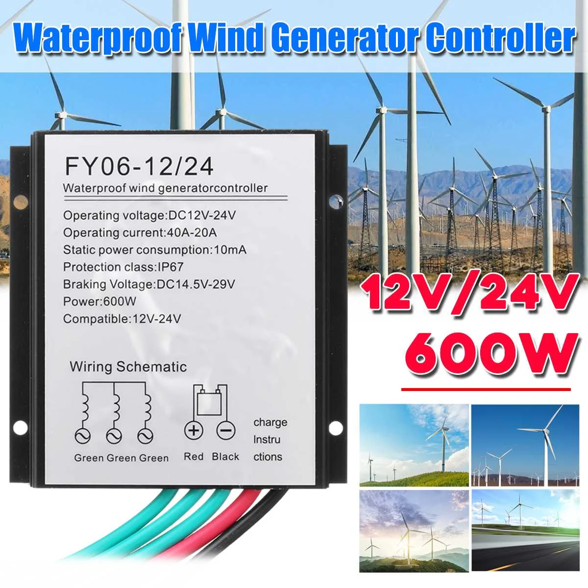 

Becornce DC 12V/24V 600W Wind Generator Turbine IP67 Waterproof Battery Charge Controller Regulator Easy installation