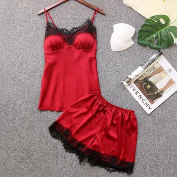 

2PCS Pajamas Set Black Lace Trim Pyjamas Sexy Backless Strap Top &Short Sleepwear Female Satin Loose Home Clothes M-XL