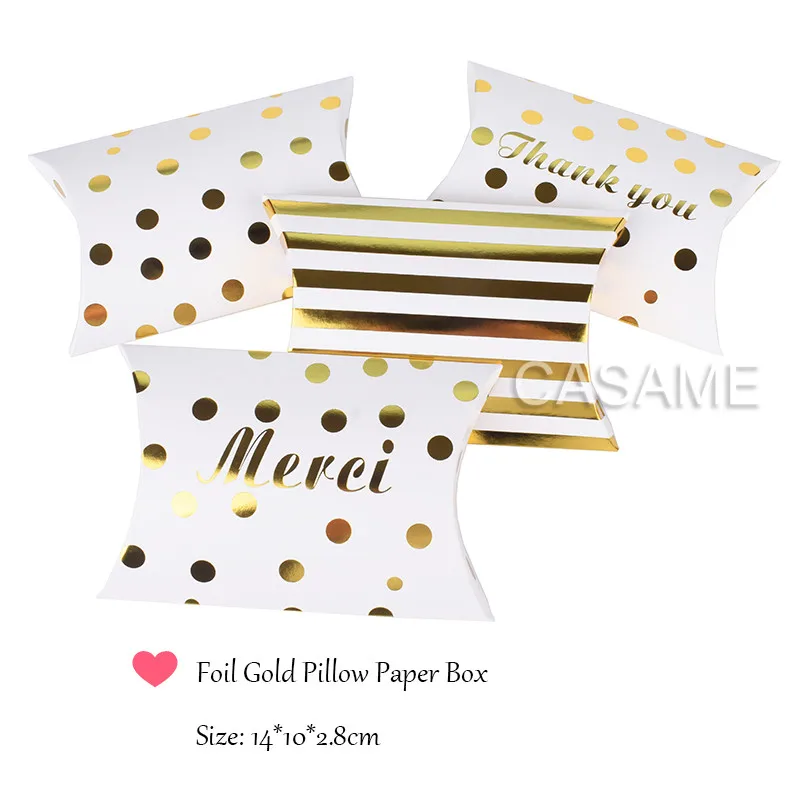 Золотая коробка для конфет в горошек полоску форме подушки|Подарочные сумки и