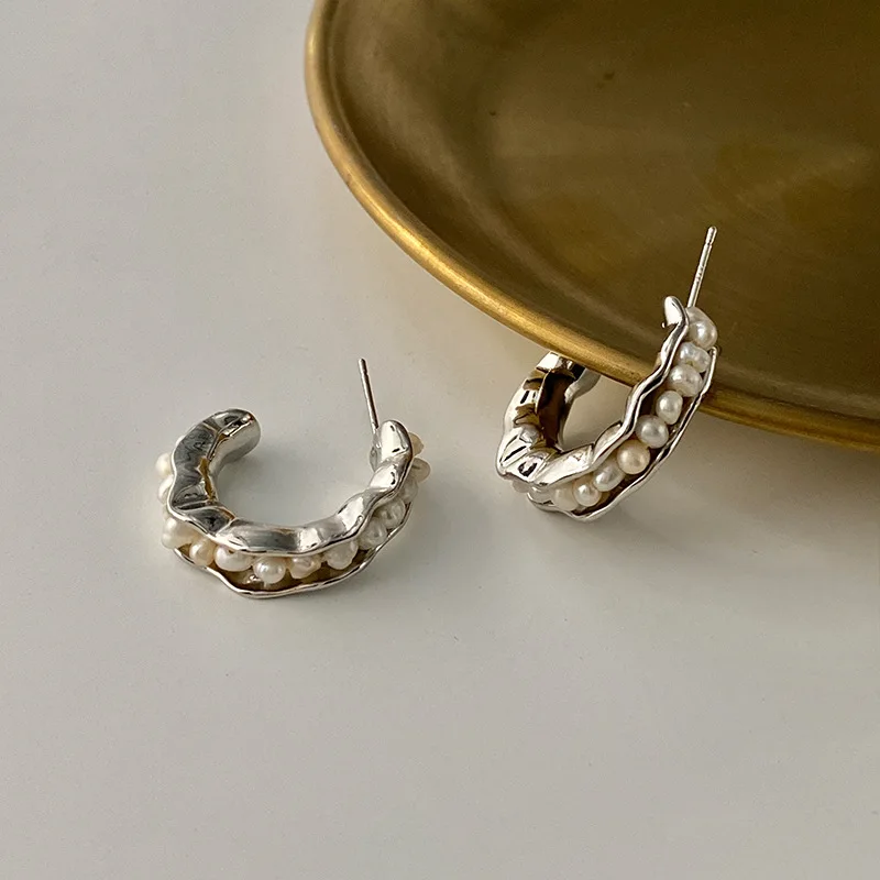 Vintage Pearl Metal Round Stud Earrings 925 Silver Needle Hypoallergenic Woman Girl Hopp Jewelry Gift | Украшения и аксессуары