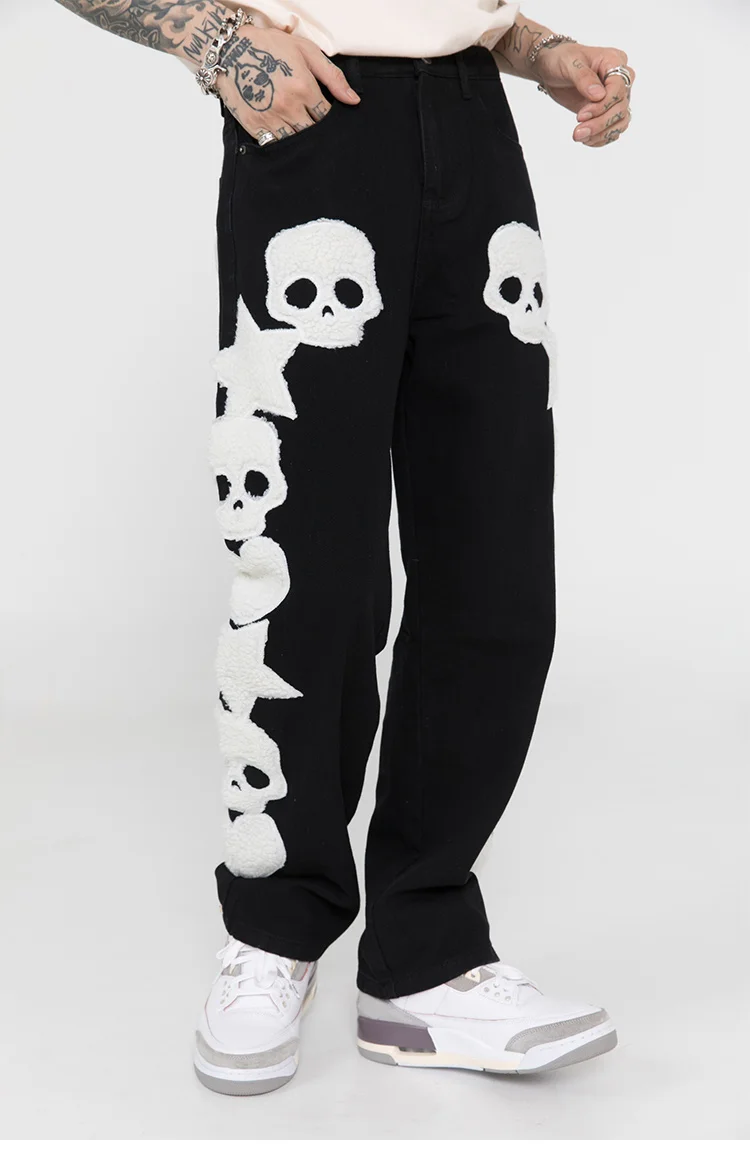 Aolamegs Jeans Men Furry Skull Letter 